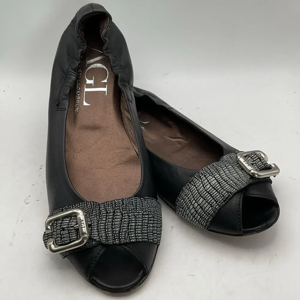 AGL ladies ballet flats shoes 38 1/2 us 8 1/2 black silver peep toe leather chic - Picture 2 of 13